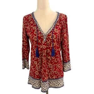 Lucky Brand Boho Floral Tunic Top XS Red Blue Tassel Tie V Neck Long Sleeve